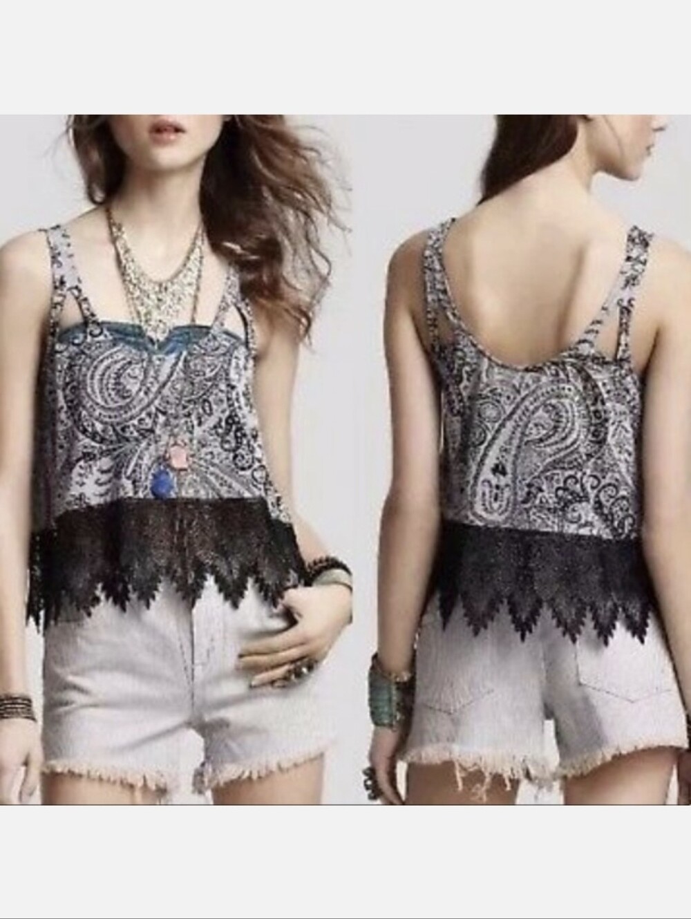 Free People Black & White Sheer Paisley Lace-Hem Hi Low Crop Tank Top Sz M